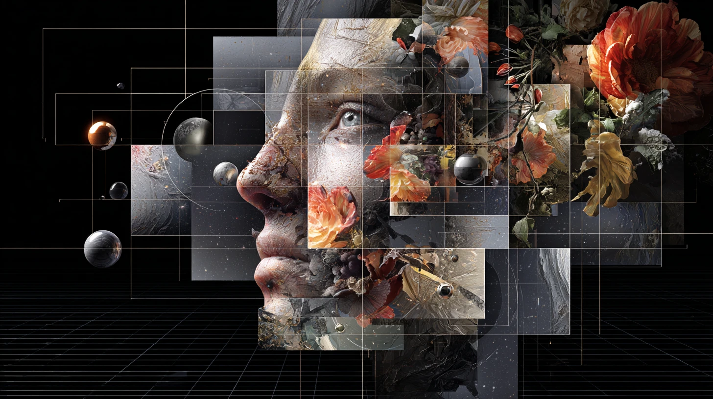 Surreal human face unfolding into layered abstract dimensions