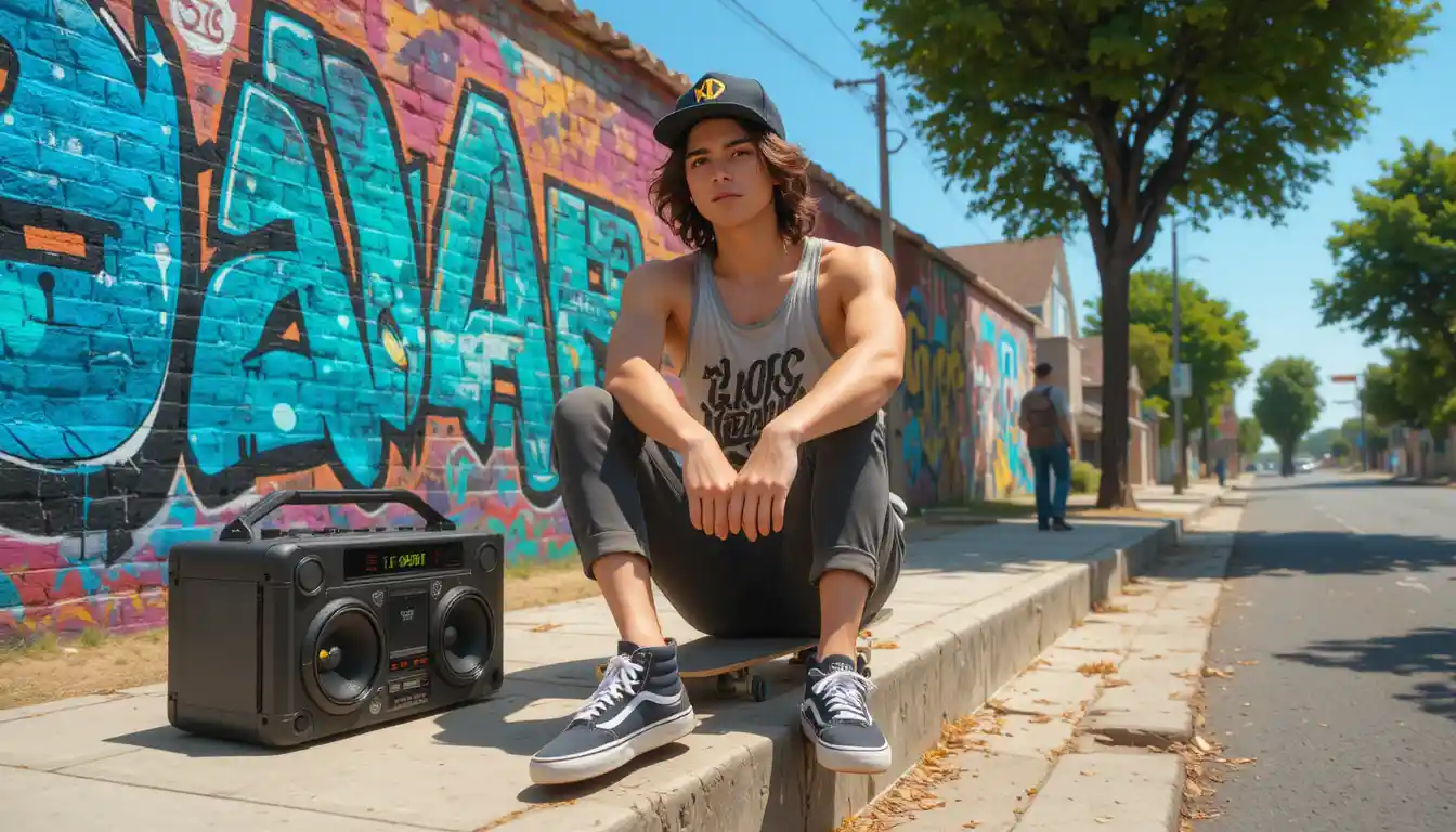 Boy with skateboard sitting on sunny suburban street curb