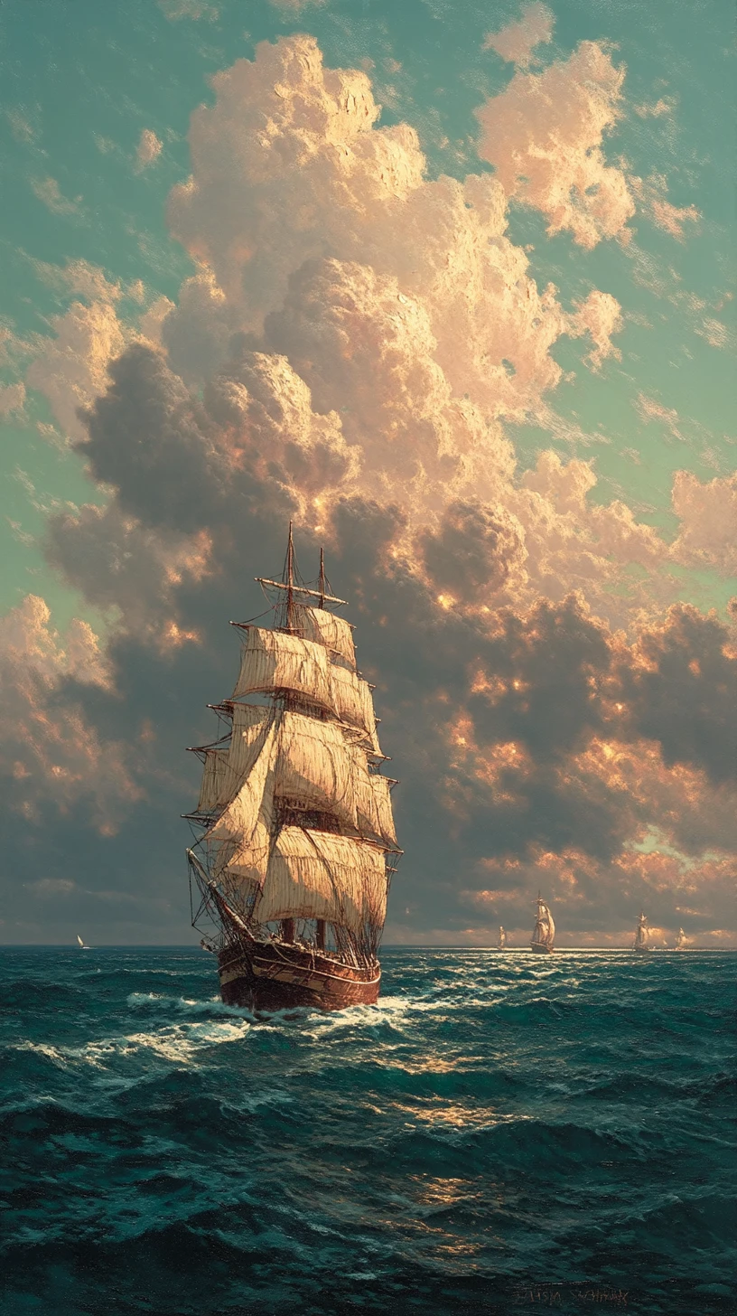 Alto velero en mar turbulento bajo un cielo luminoso