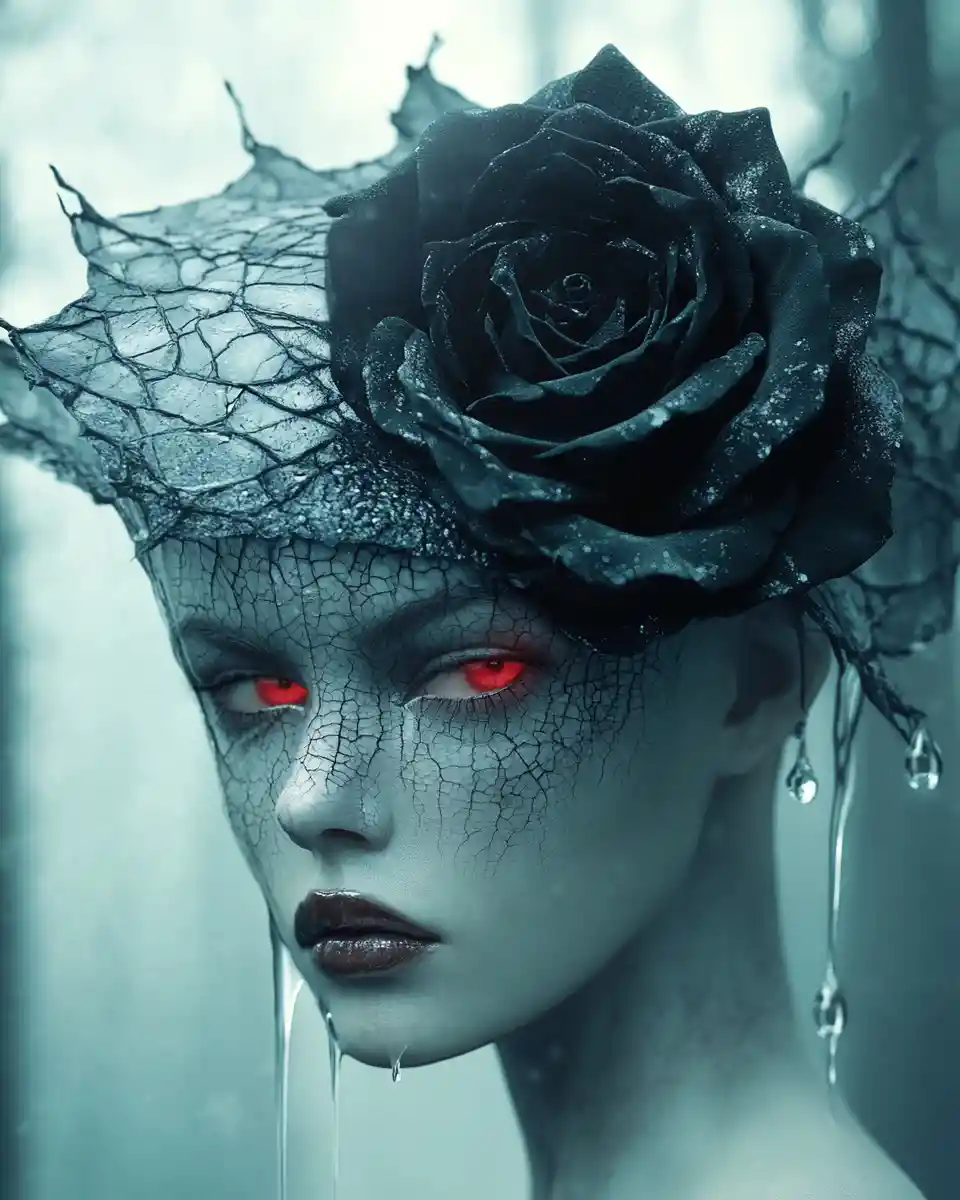 Surreal woman with black rose head in misty forest
