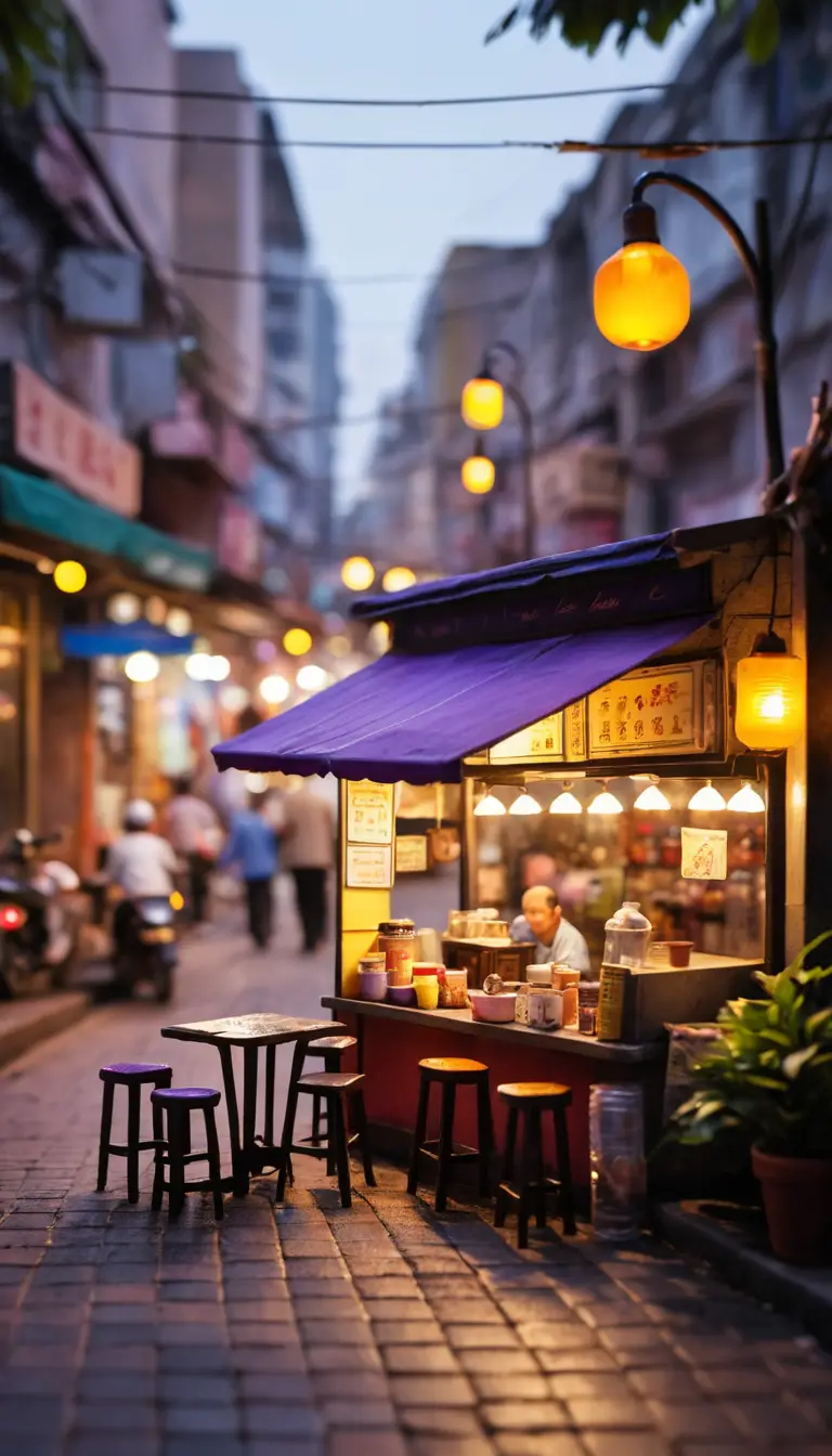 Vista tilt-shift di una minuscola bancarella del tè sul marciapiede a Saigon al crepuscolo