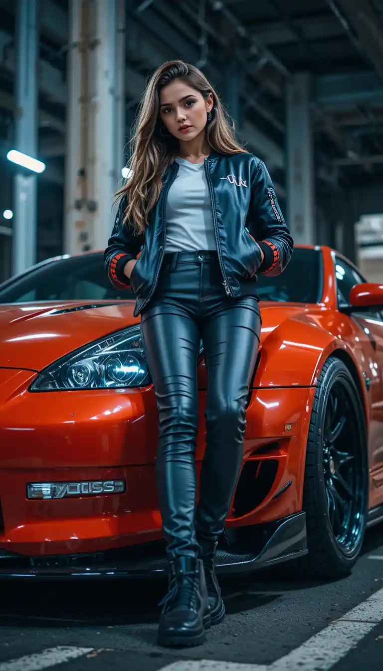 Young woman in techwear leaning on sports car