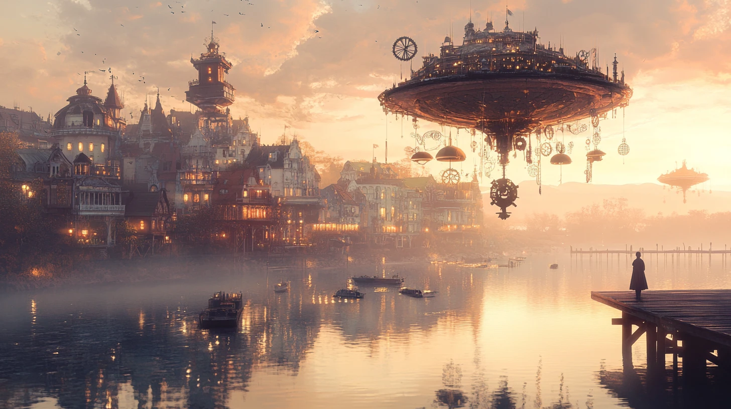 Lone figure on dock in whimsical steampunk riverside town