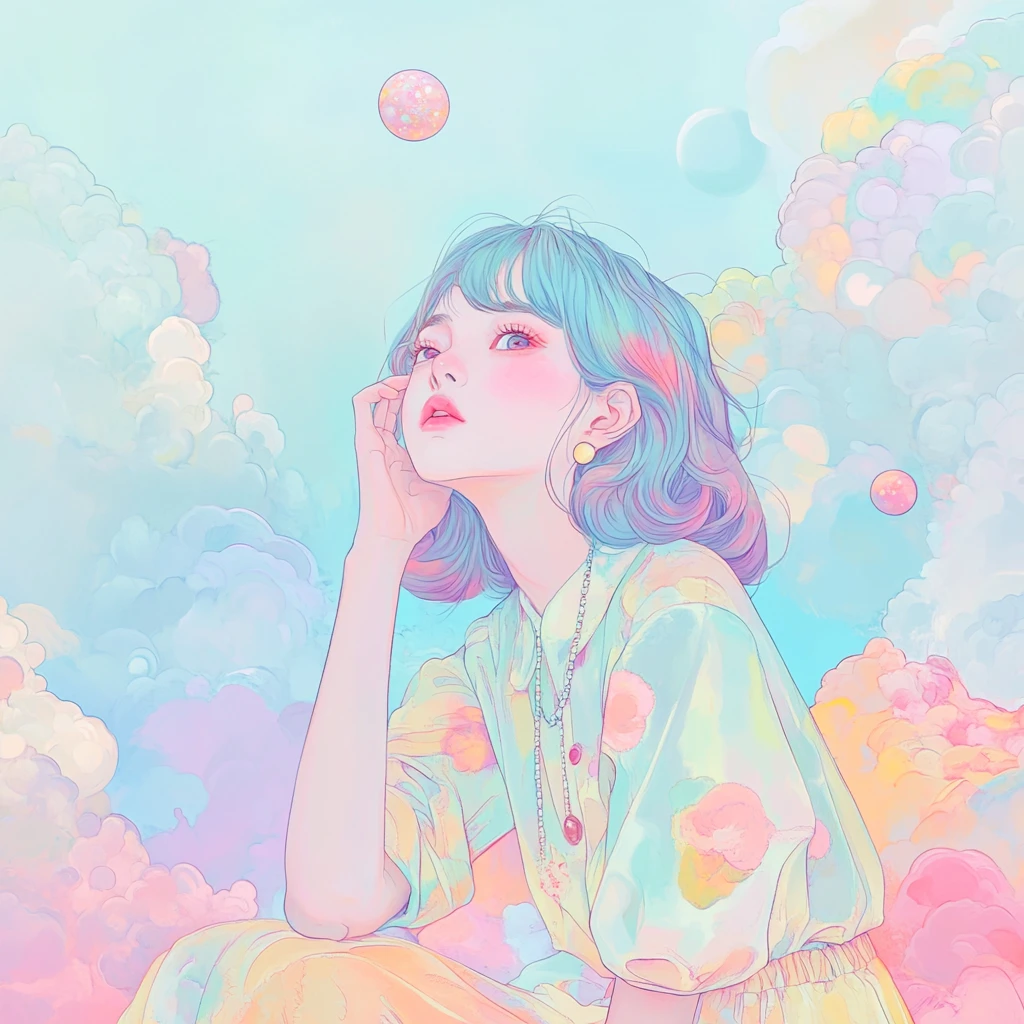 Whimsical pastel fantasy illustration with joyful abstract forms