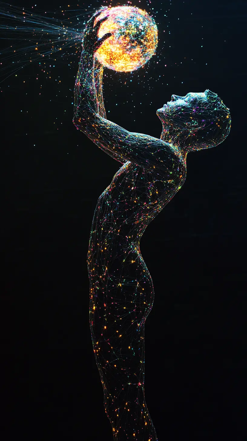 Silhouette Holding Glowing Textile Orb In Abstract Space