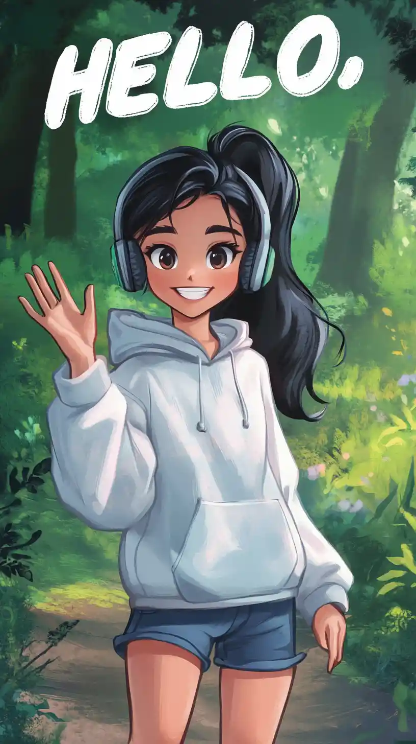 Cheerful cartoon girl waving hello in a green forest