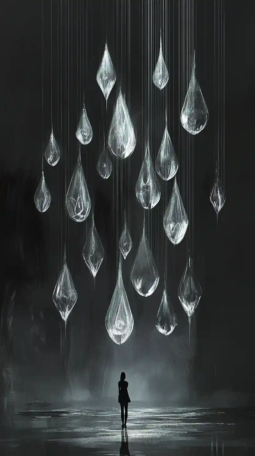 Surreal floating form with glass like droplets at dusk