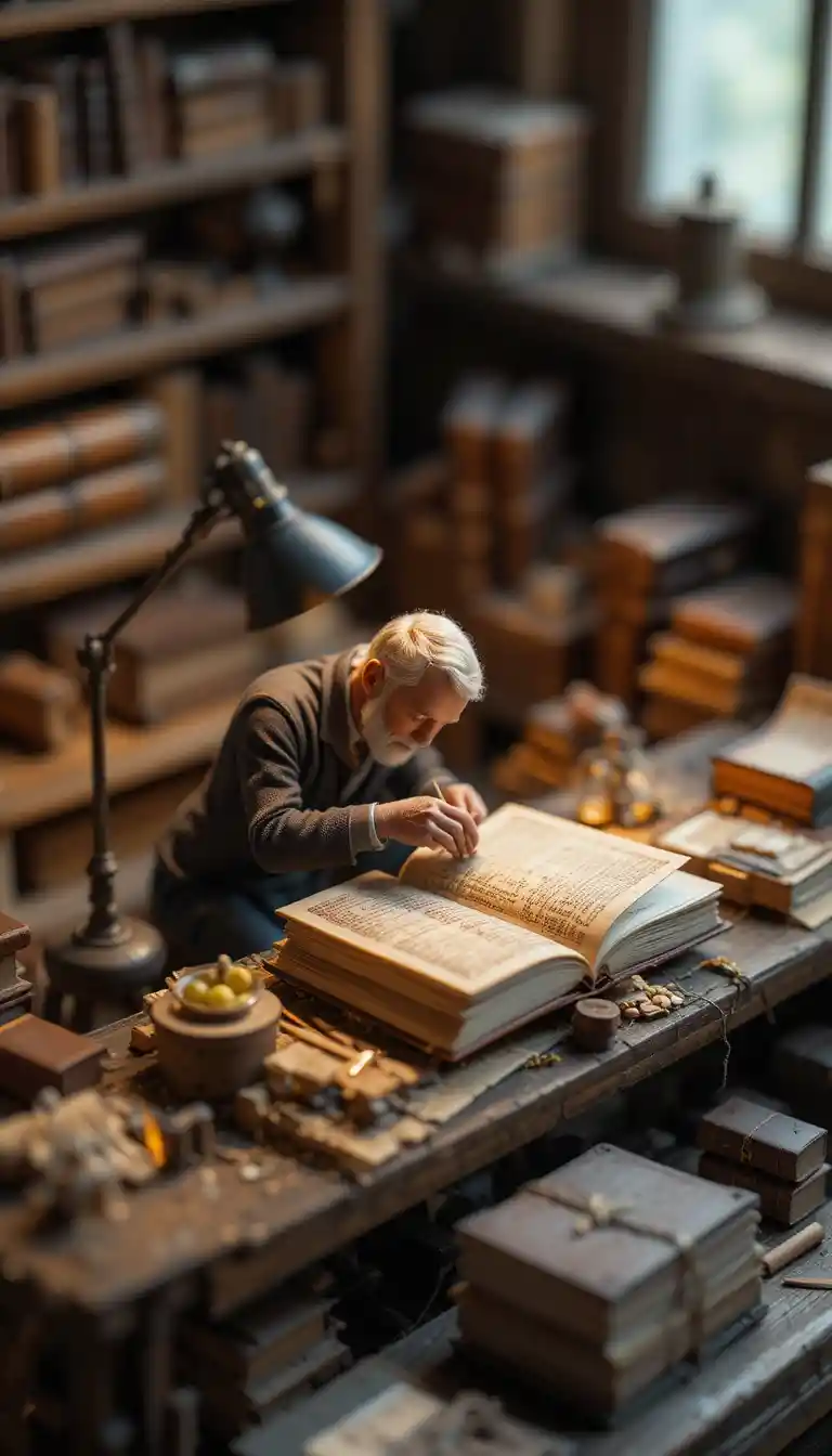 Miniature Bookbinding Workshop Under Single Desk Lamp