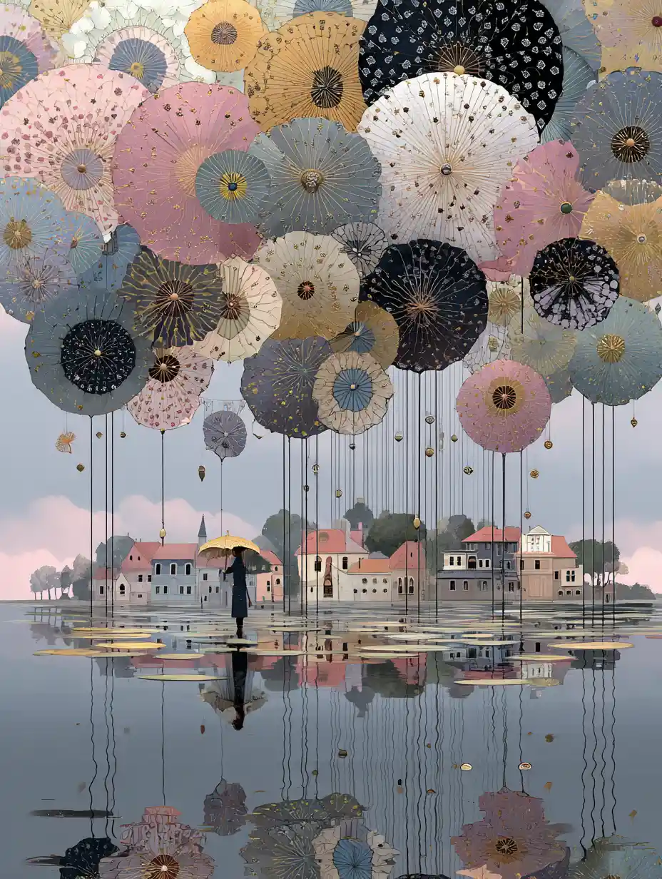 Giant patchwork umbrella reflected above a calm water surface