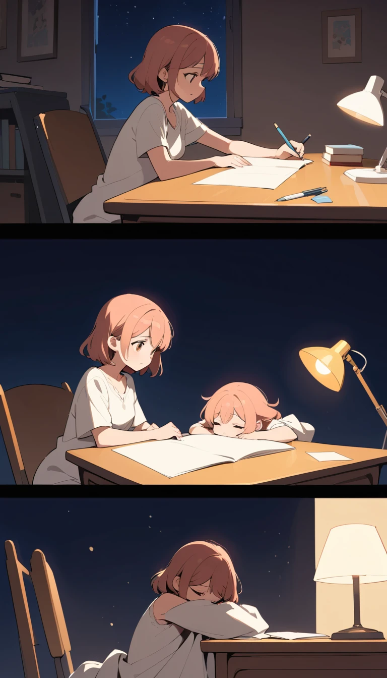Mother watching her sleeping daughter at a lamplit study desk