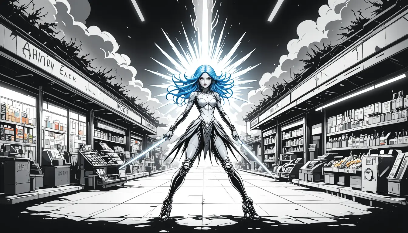 Heroic blue haired mecha girl dueling in a supermarket