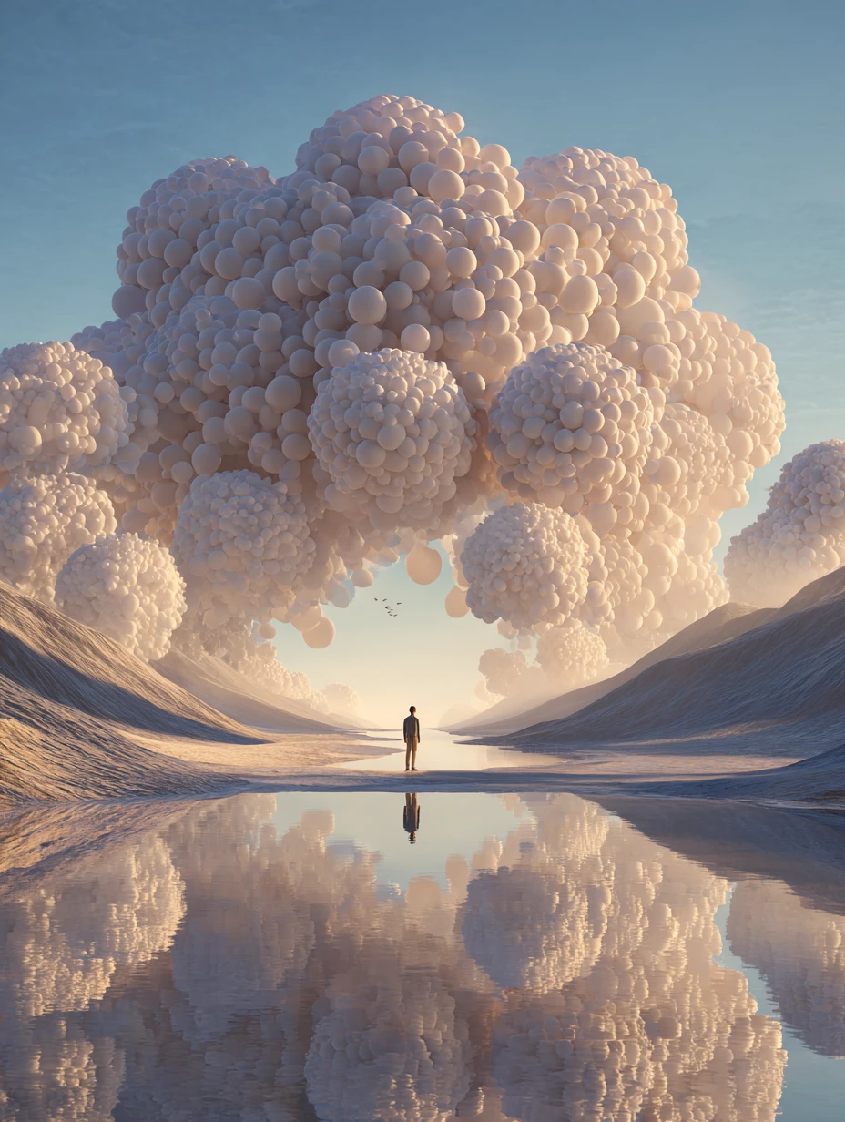 Esfera de globo gigante flotando sobre un paisaje surrealista reflejante