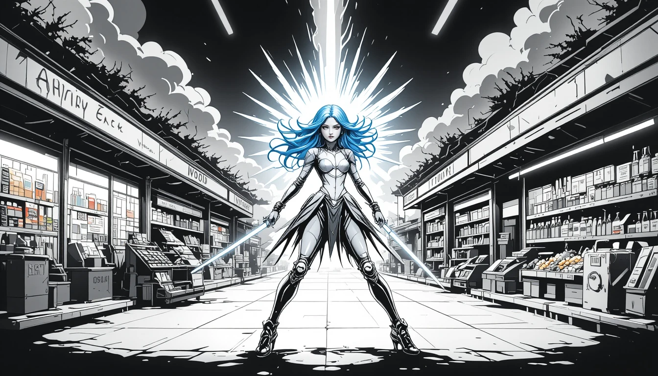Heroic blue haired mecha girl dueling in a supermarket