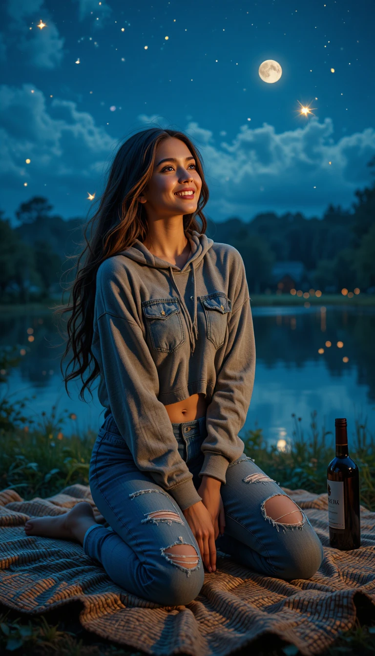 Girl kneeling on a picnic blanket by a moonlit pond