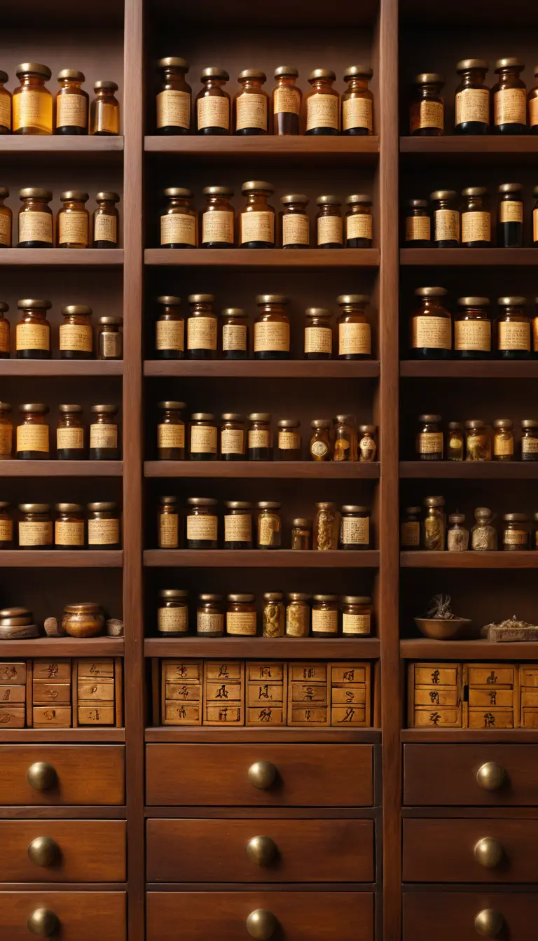 Miniatur-Diorama einer chinesischen Apotheke mit winzigen Holzschubladen