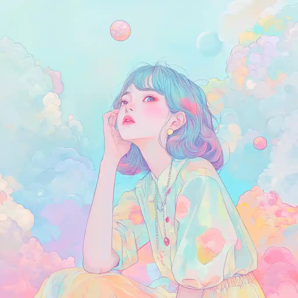 Whimsical pastel fantasy illustration with joyful abstract forms