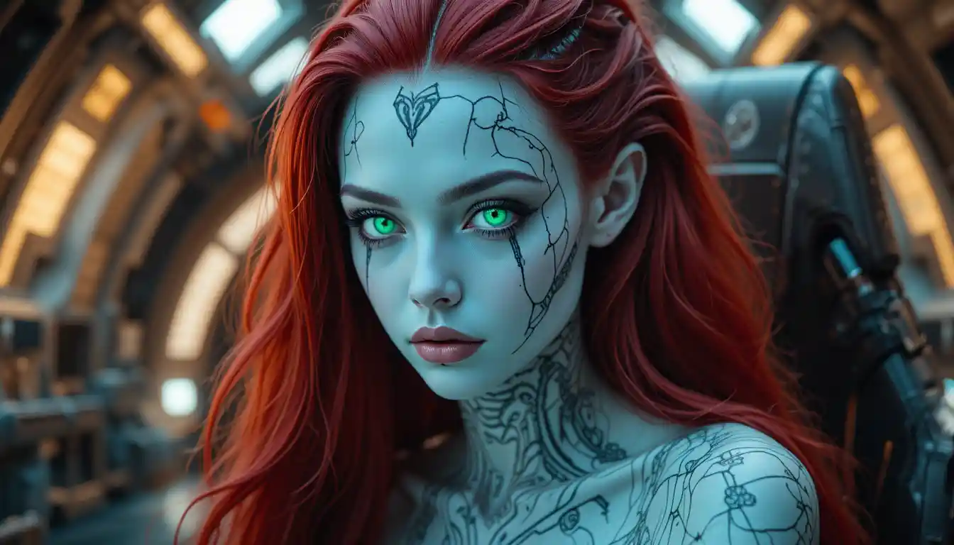 Alien woman in a futuristic spaceship cockpit portrait