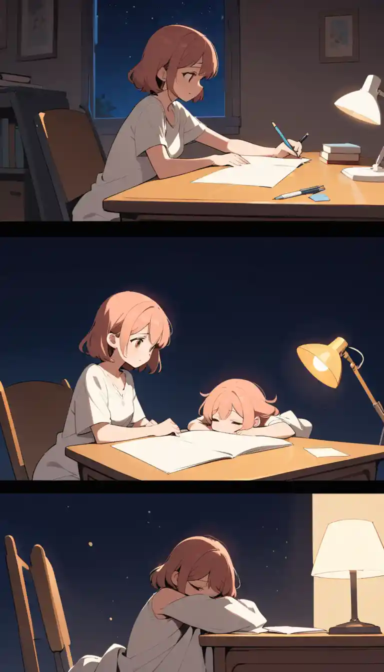 Mother watching her sleeping daughter at a lamplit study desk