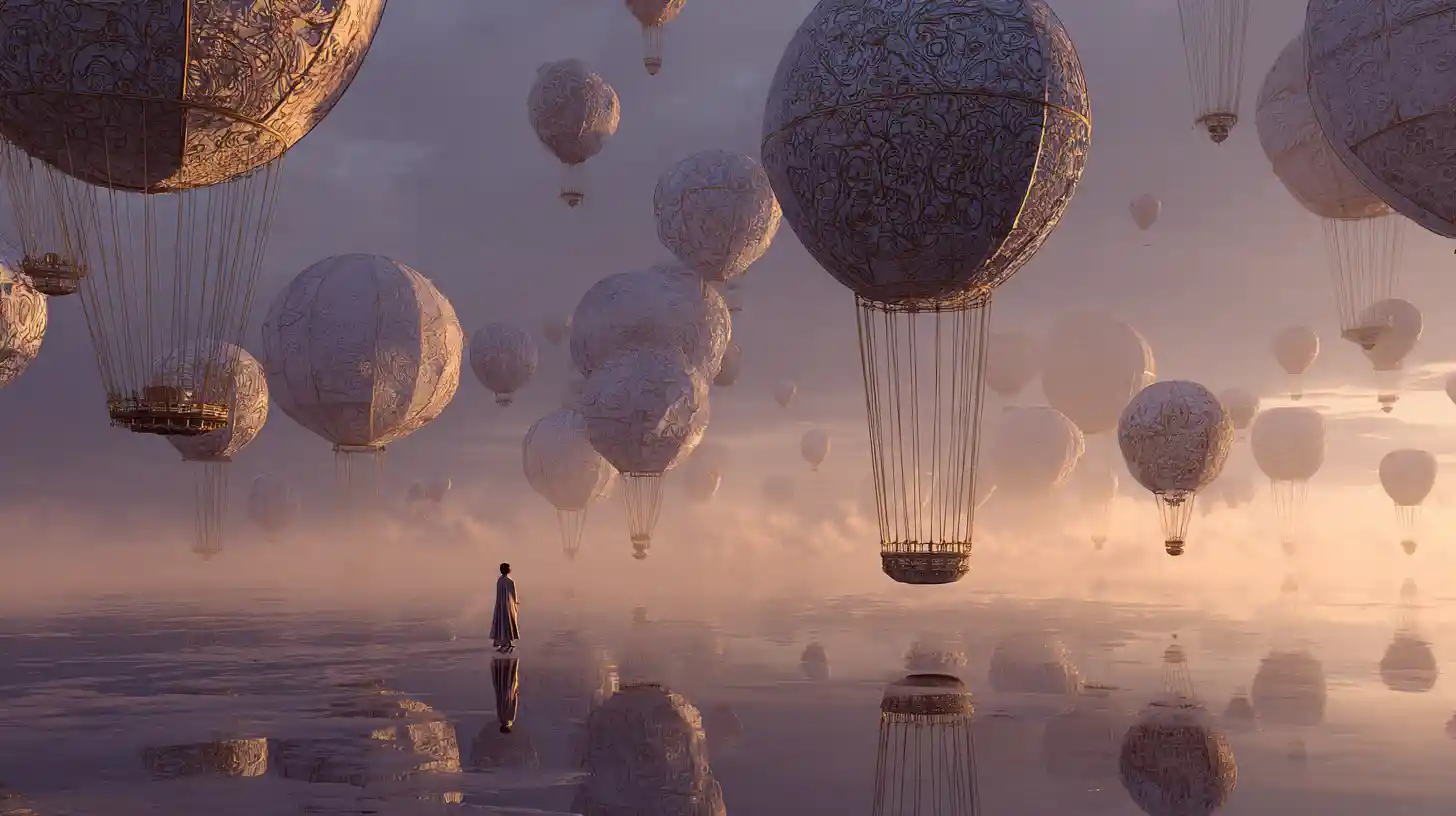 Surreal luminous balloon orb over a mirrored tranquil landscape