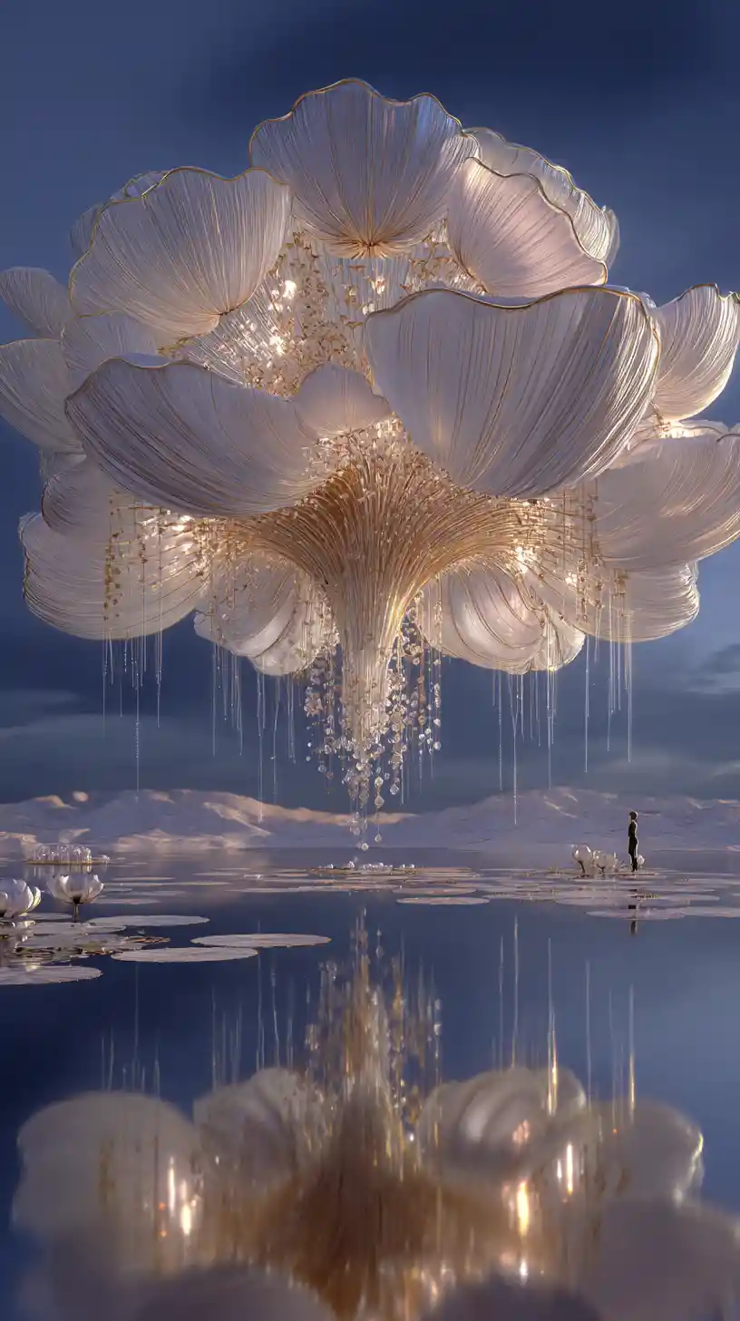 Surreal luminous balloon orb over mirrored tranquil landscape