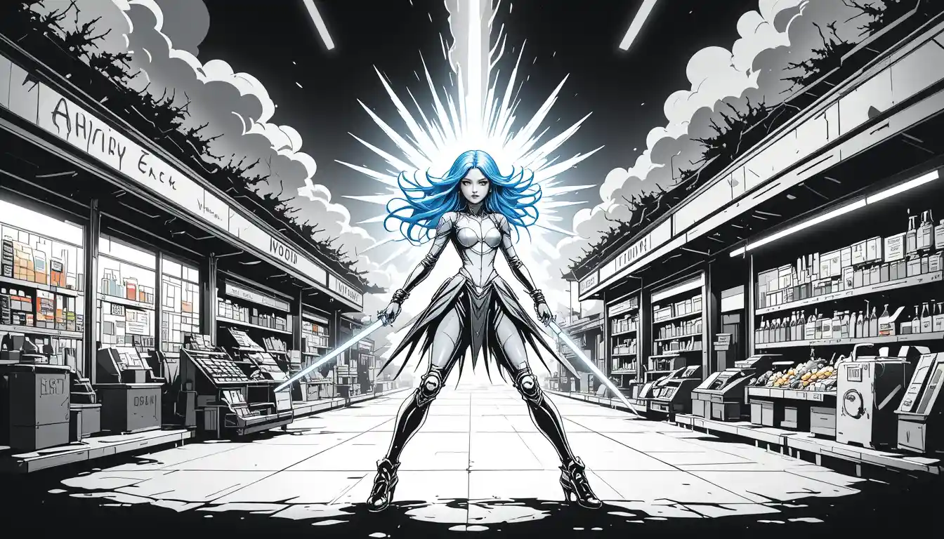 Heroic blue haired mecha girl dueling in a supermarket