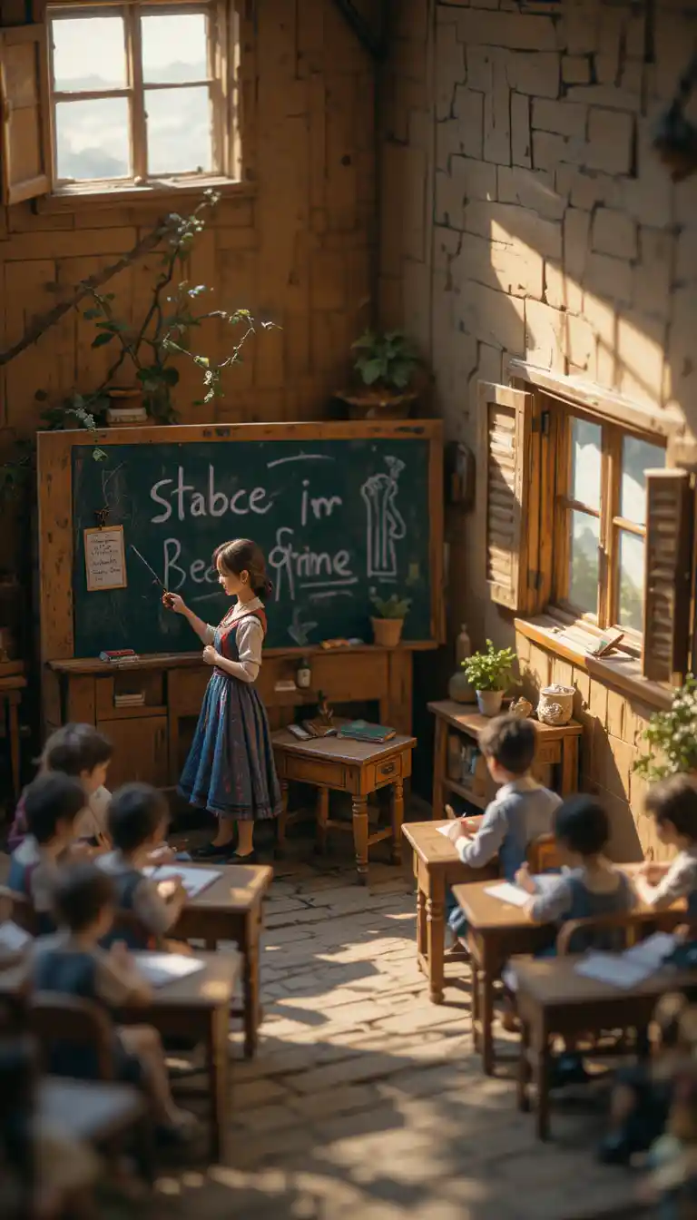 Miniature folk art classroom with tiny teacher at blackboard