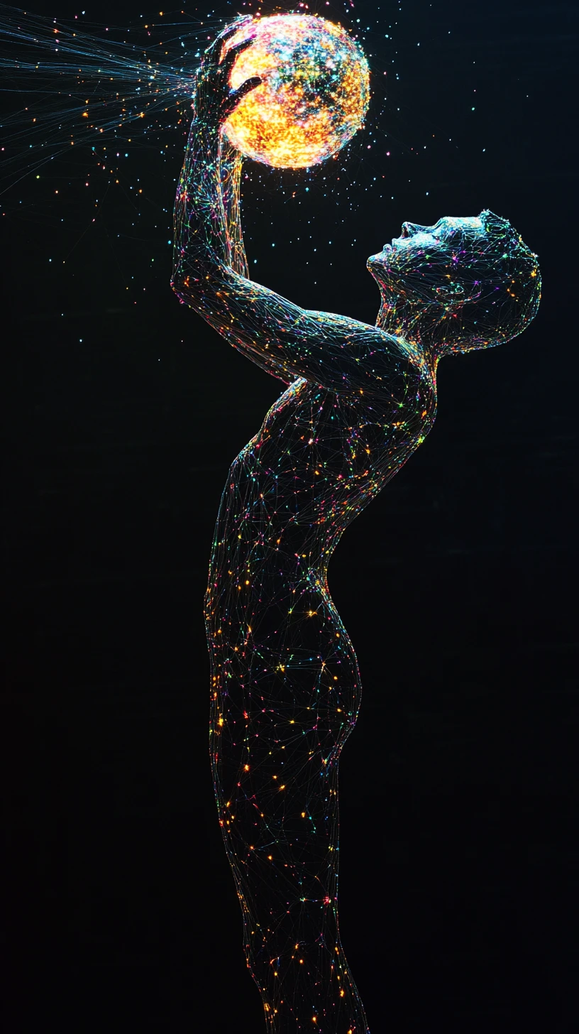 Silhouette Holding Glowing Textile Orb In Abstract Space