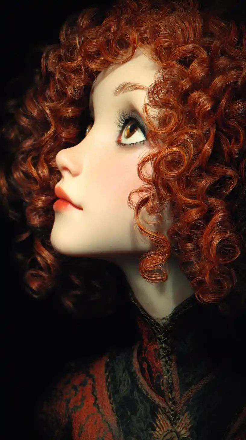Melancholic cartoon girl with red curls in close up profile