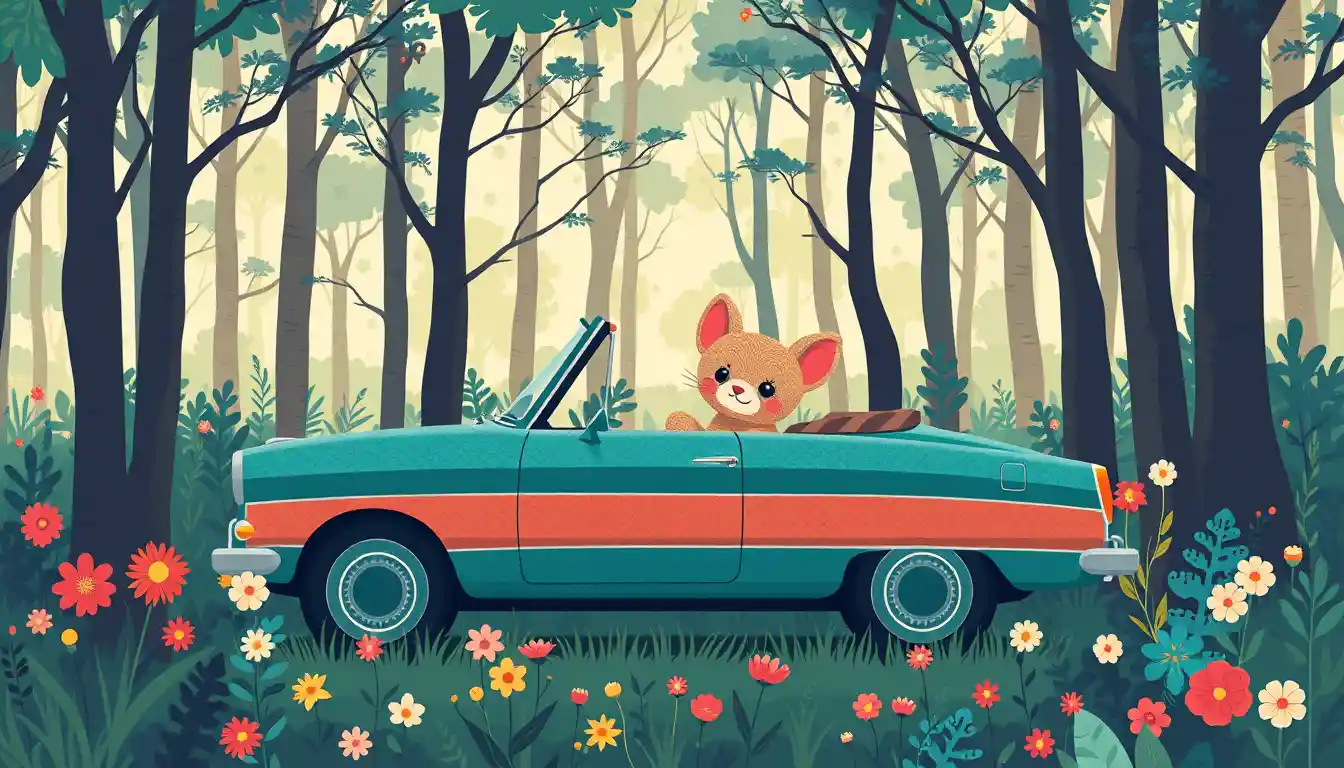 Cute bear cub in overalls in a flat forest illustration
