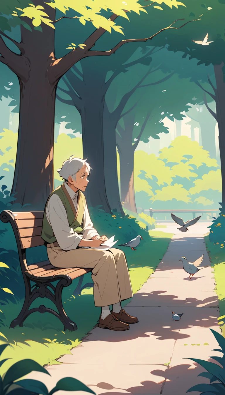 Elderly Man Feeding Pigeons On A Quiet Park Bench