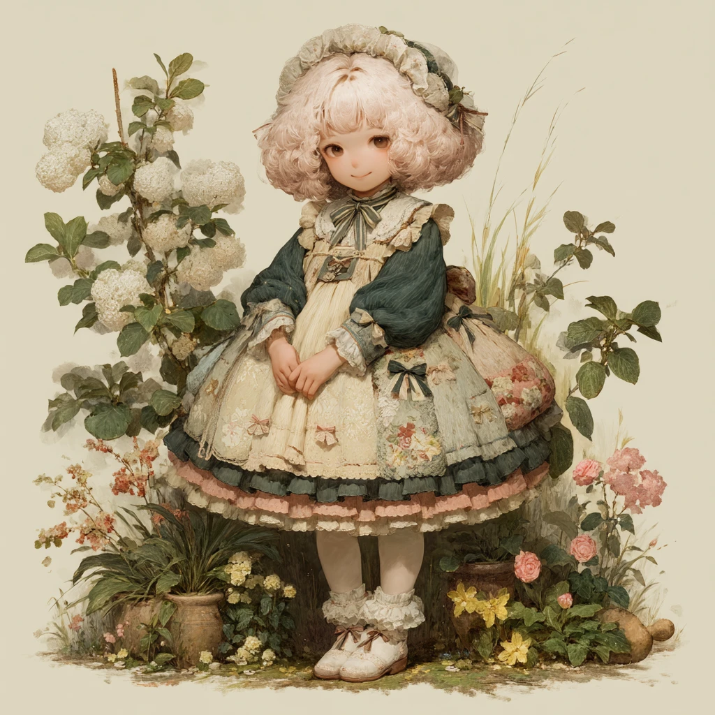 Cute girl in frilly dress posing in sunny flower garden
