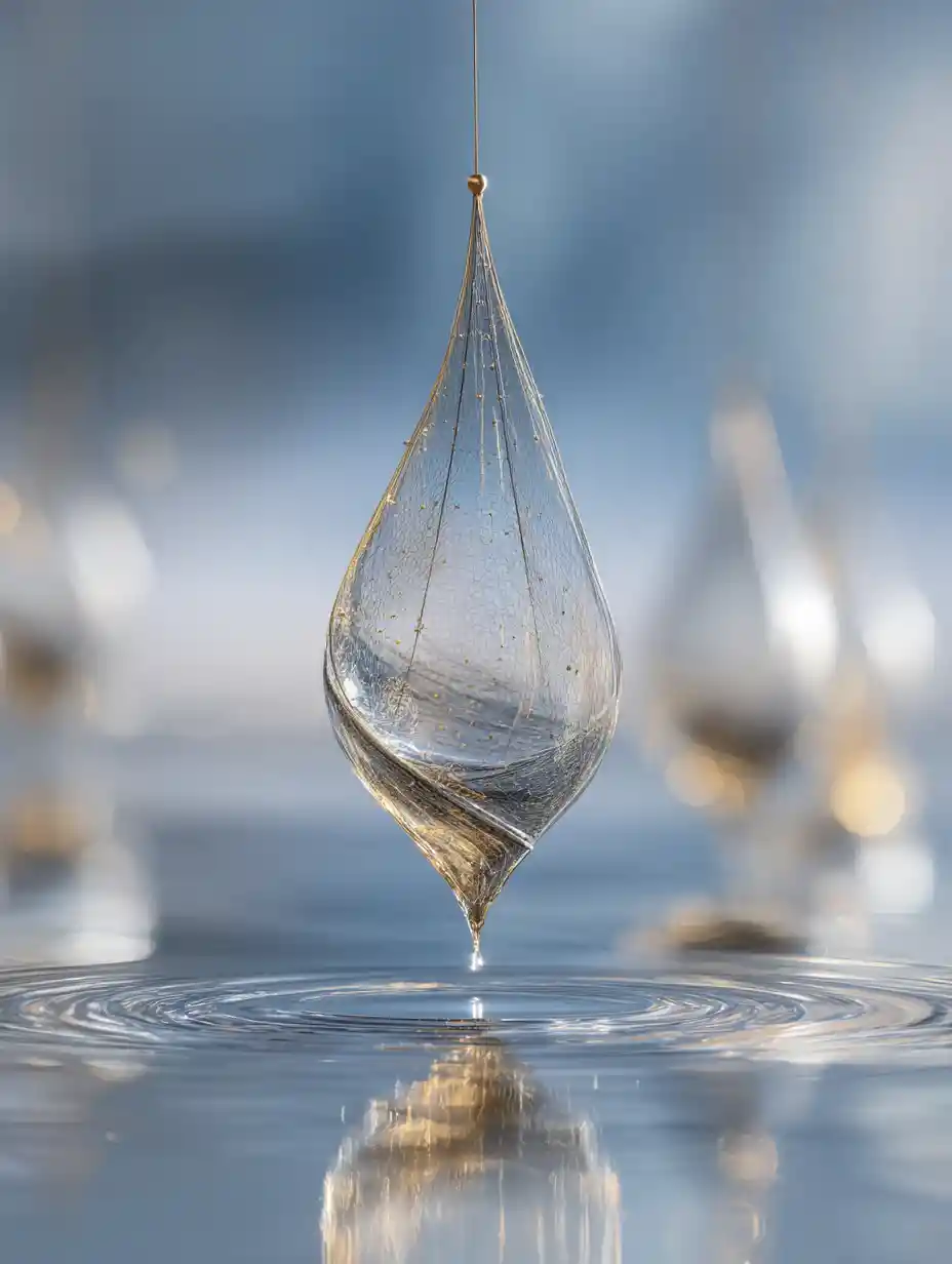 Frozen liquid droplet suspended in reflective dreamscape