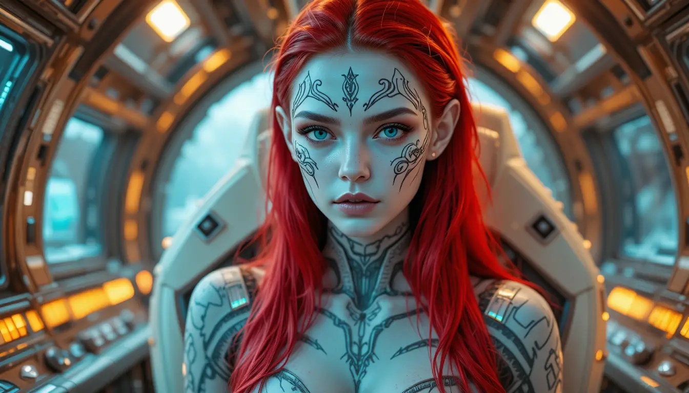 Alien woman in a futuristic spaceship cockpit portrait