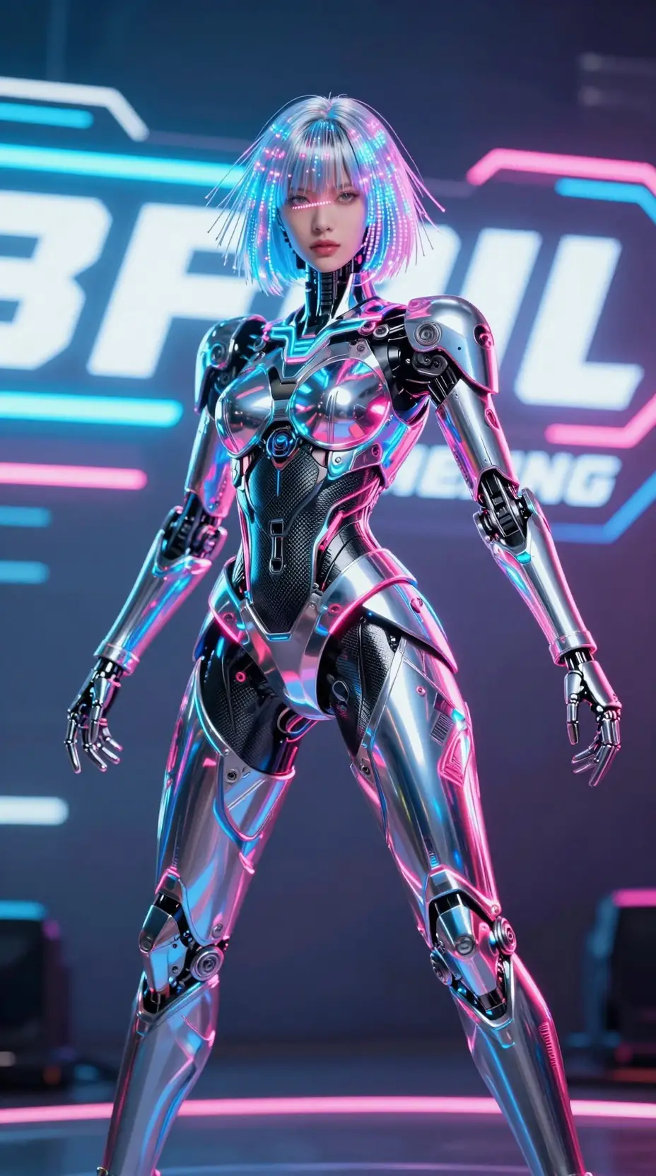 Futuristic mecha idol performing on neon holographic stage