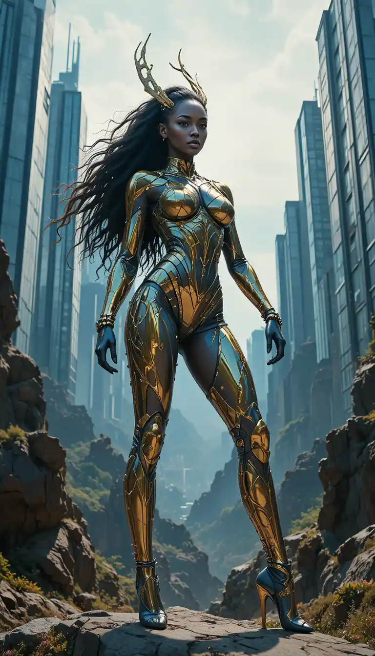 Heroic black haired African mecha girl in futuristic city