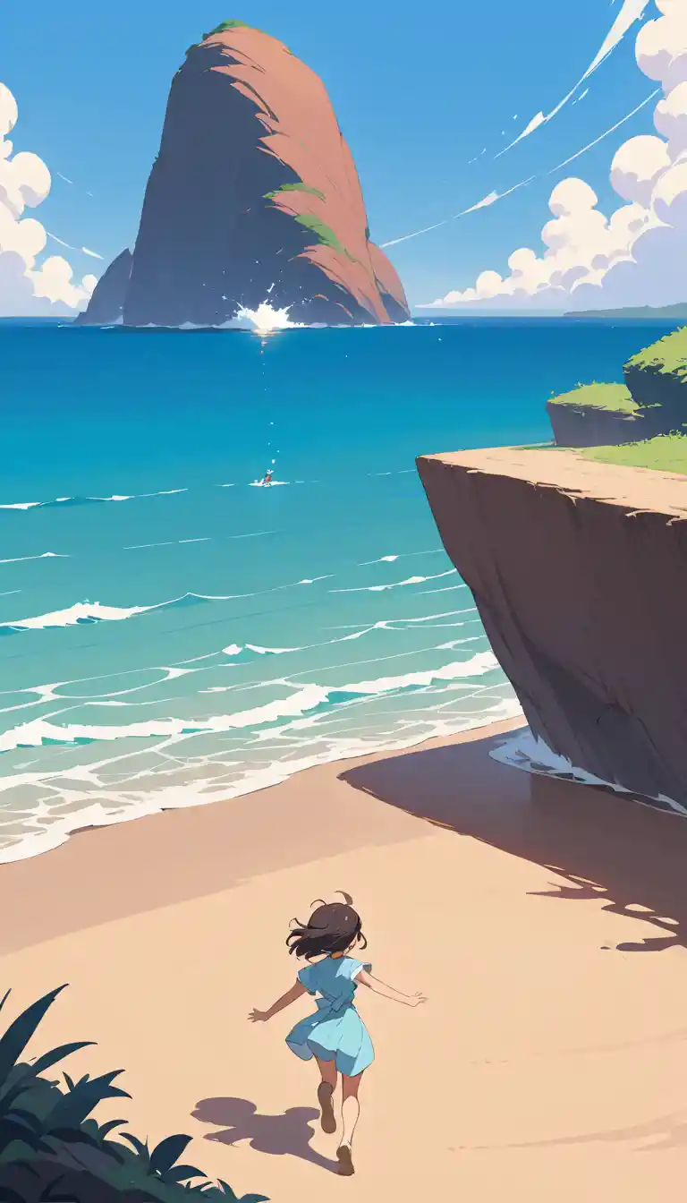 Young girl running toward the glittering summer ocean