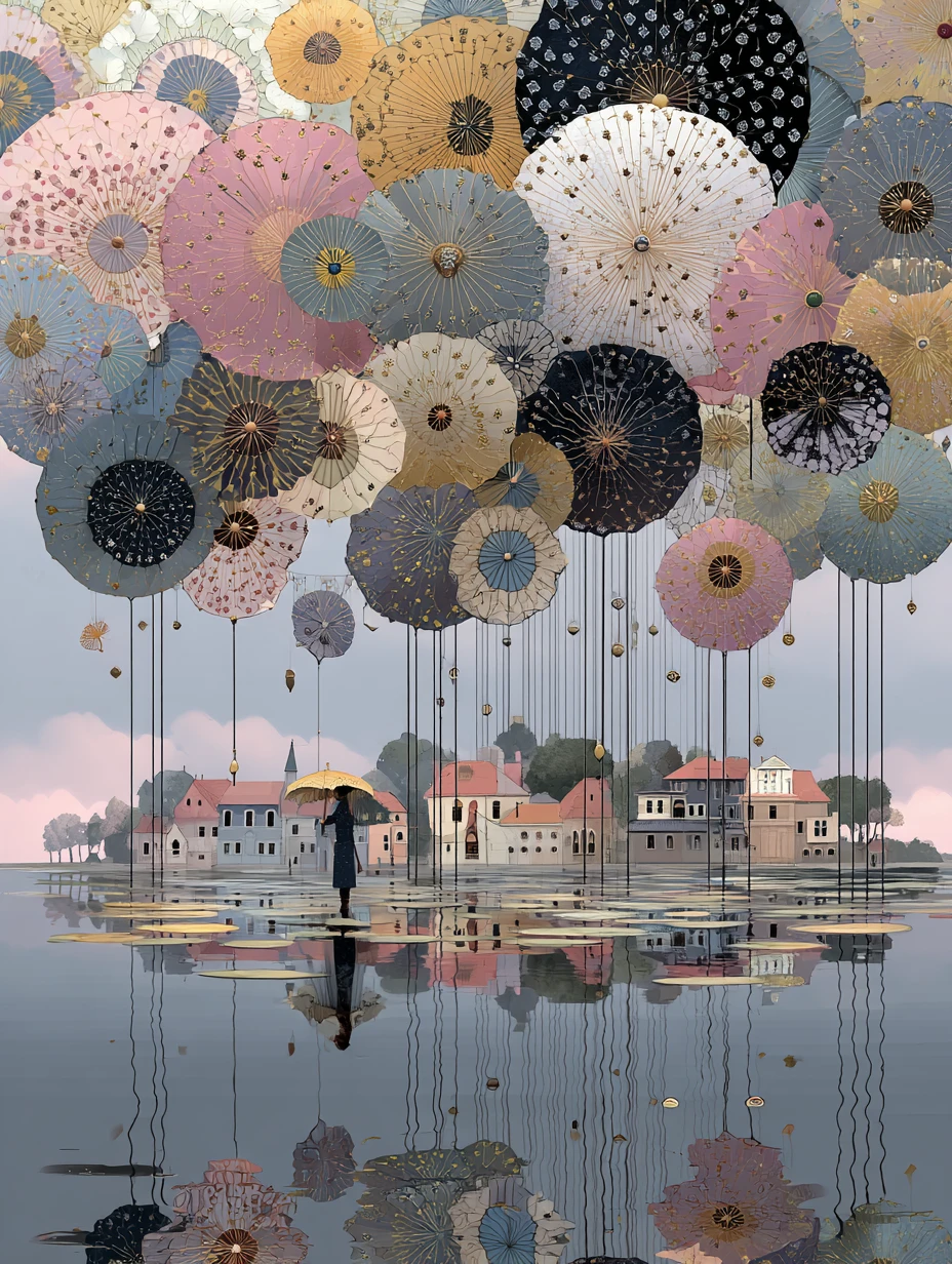 Giant patchwork umbrella reflected above a calm water surface