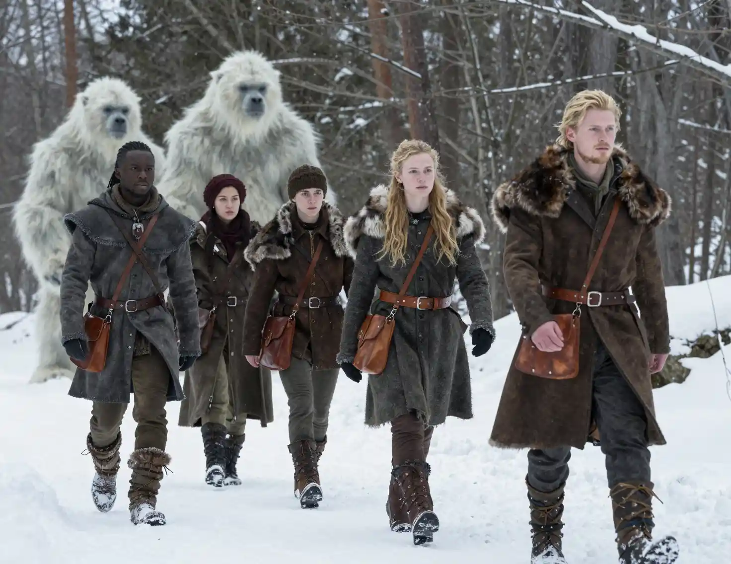 Fantasy travelers walking through a snowy winter forest