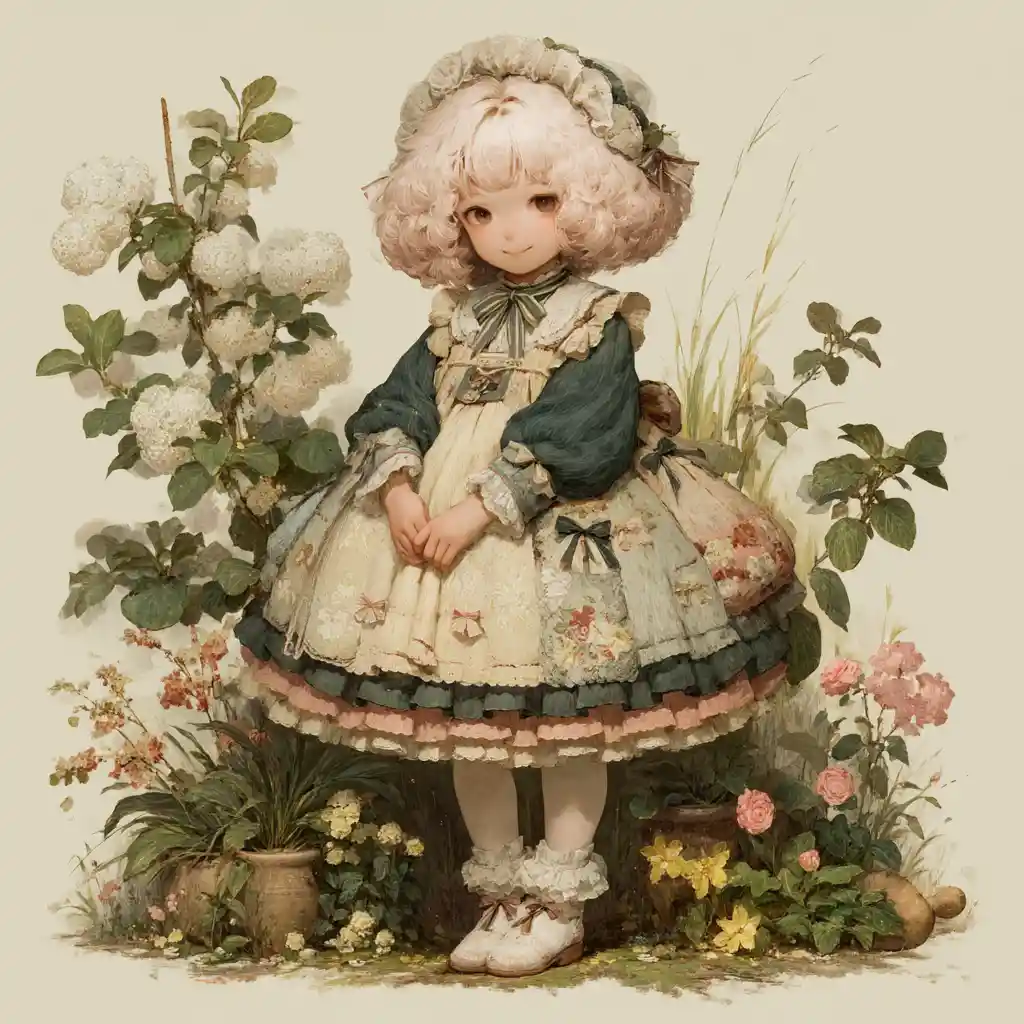 Cute girl in frilly dress posing in sunny flower garden