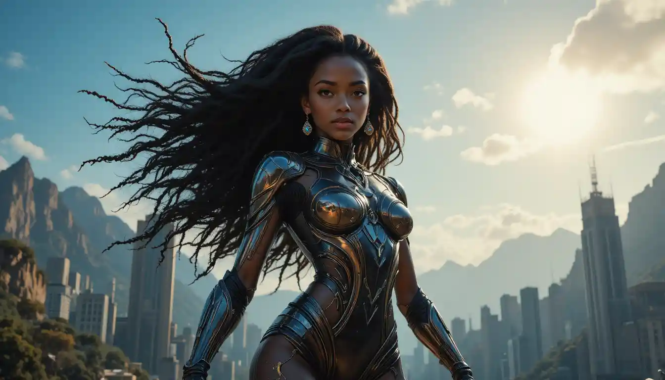Heroic African mecha woman in a futuristic cityscape