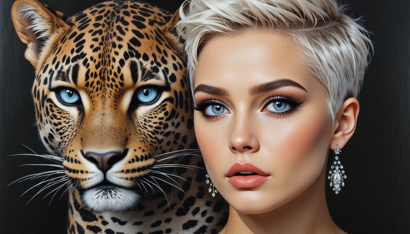 Blonde woman with blue eyes and leopard companion