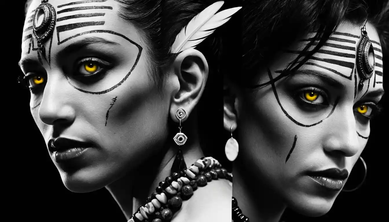 Split face portrait of woman and serpent goddess in stark contrast