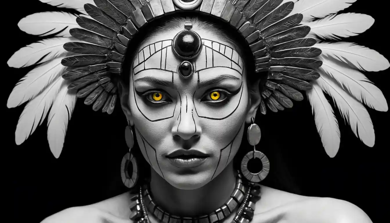 Surreal split face woman merging with divine serpent god