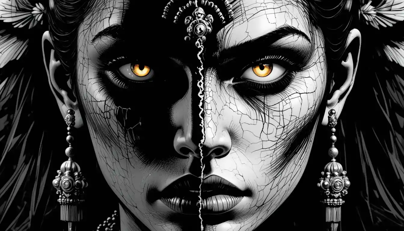 Split face metamorphosis of woman into divine serpent deity