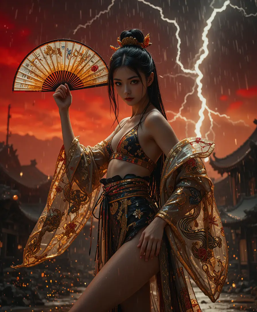 Fierce Japanese woman in rain with golden particles