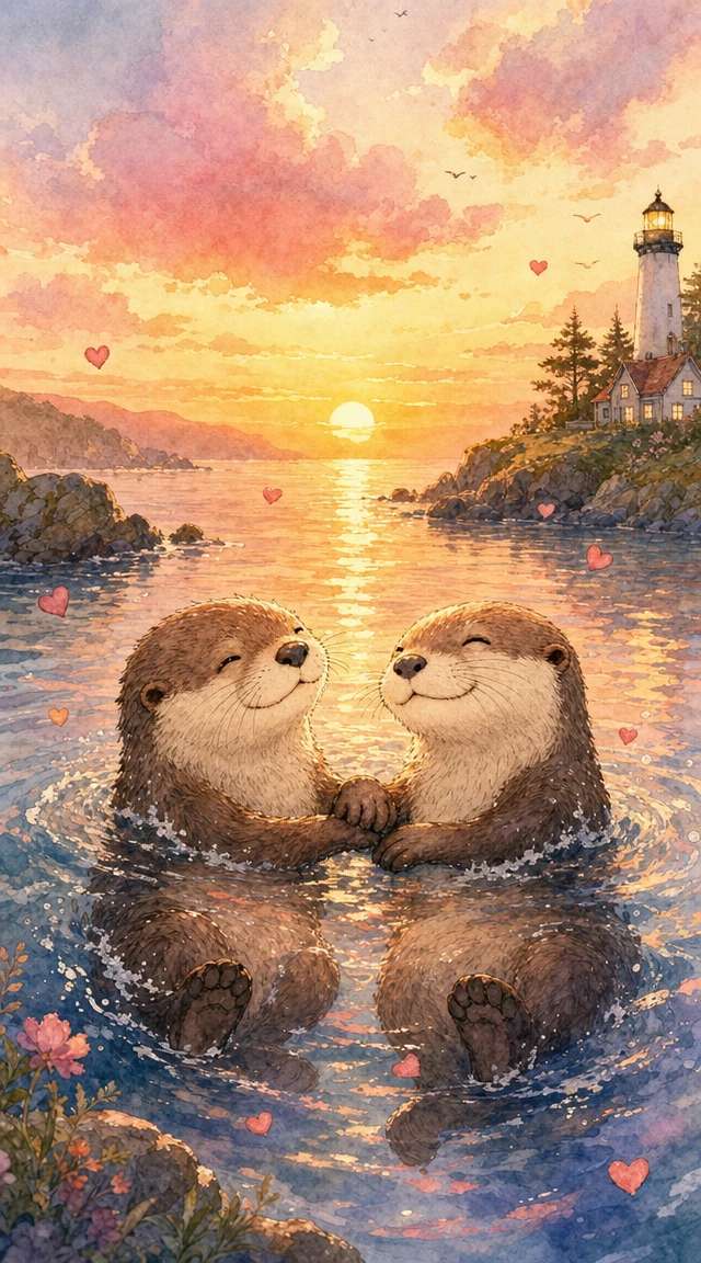 Cute watercolor otters holding hands in a sunset river