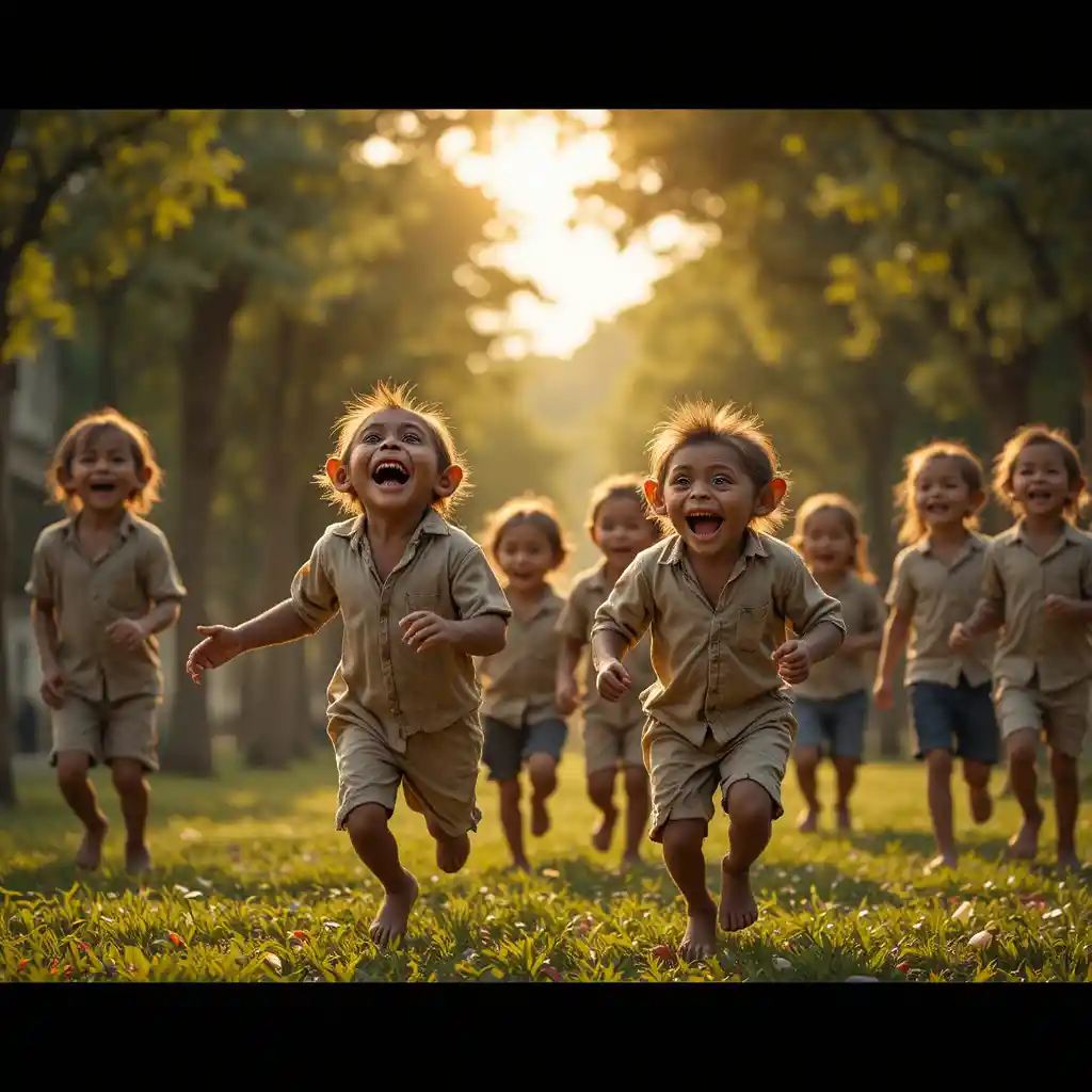 Monkey kids and children running together in a park