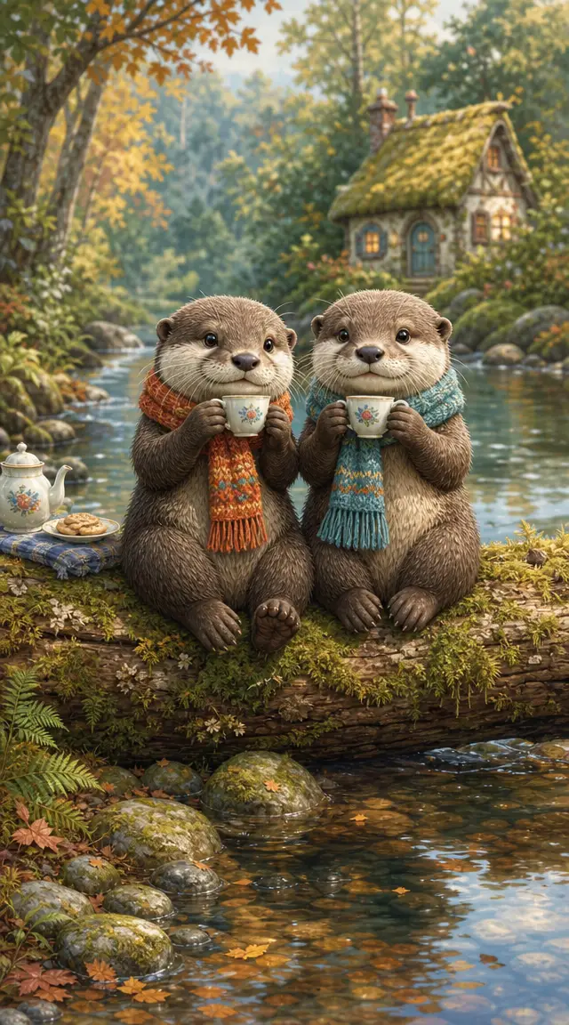 Two otters sharing tea on a mossy forest log