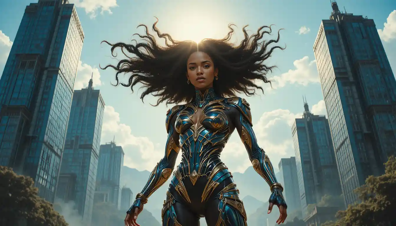 Heroic black haired African mecha woman in futuristic city