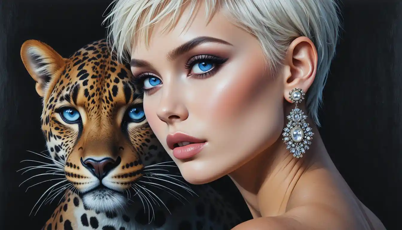 Blonde woman with bold makeup and sparkling earrings close up